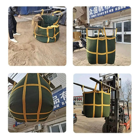 Rock Solid Heavy Duty Crane Lifting Bag Anti Tear Reusable Cargo Net used for hauling materials, thick nylon, yellow straps, robust design.