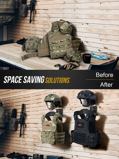 Heavy Duty Wall Mounted Gear Rack For Helmets Vests Belts And More Beefy Sturdy Tactical Helmet Holder Stand And Plate Carrier Hanger displayed