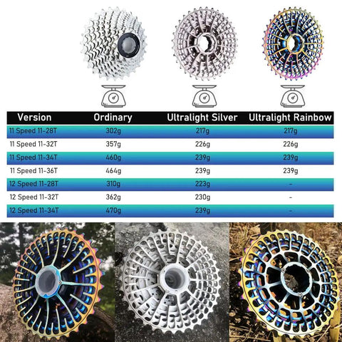 Ultralight 11 Speed Road Bike Cassette 11-34T HG Freehub Compatible With Shimano And SRAM shown in various colors and weights.