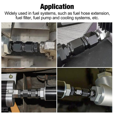 6AN Female To 6AN Female Beefy Straight Swivel Coupler Union Fitting Adapter Aluminum Black 9/16-18 UNF Thread 1500 PSI Max Minus 40F To 250F 37 Degree Flare Seal Ideal For Fuel Oil And Fluid Lines installed in fuel line applications