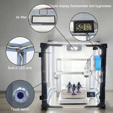 Rock Solid 24 Inch Clear Acrylic 3D Printer Enclosure with integrated LED lighting and climate gauge features, showing digital display and air filter.