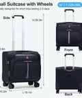 Underseat Carry On Luggage That Slaps A Lightweight 16 Inch Rolling Tote With Four Spinner Wheels Airline Friendly And Fits Under Most Seats Black in side, front, and back views showing dimensions and handles.
