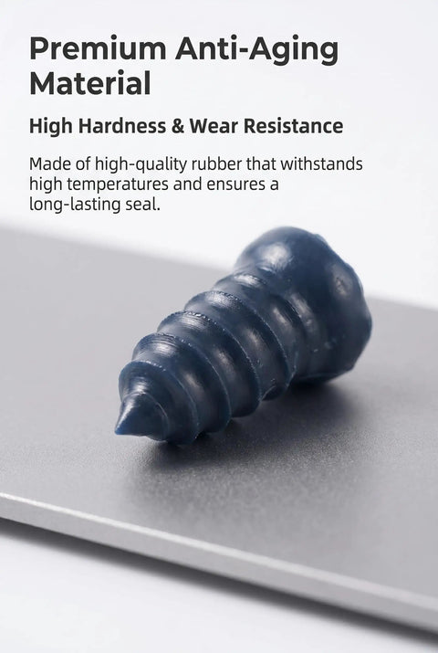 Close-up of a durable rubber screw from the 65 Piece Tire Repair Kit With Rubber Nails, Black Sealant Tubes, And Screw In Plugs.