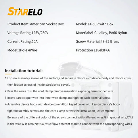 Installation instructions for Outdoor NEMA 14-50R 50 Amp RV Power Outlet Box 125/250V Weatherproof And Dustproof ETL Listed