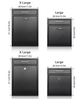 Comparison of black outdoor steel key lock mailboxes in two sizes, X Large and Large dimensions, with secure locks.