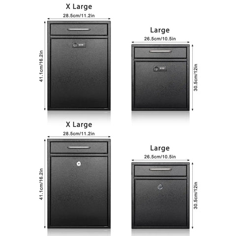 Comparison of black outdoor steel key lock mailboxes in two sizes, X Large and Large dimensions, with secure locks.