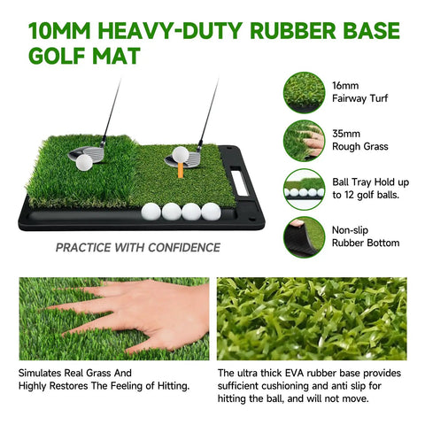 10x7ft Golf Practice Net With Heavy Duty Base Dual Turf Mat showing grass texture and hand testing softness and stability