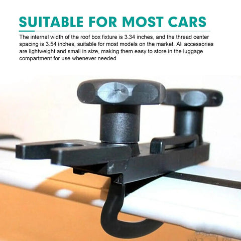Roof Box U-Bolt Clamp Set For Roof Rack attached to bar, showcasing metal construction and lock nuts, universal brackets.