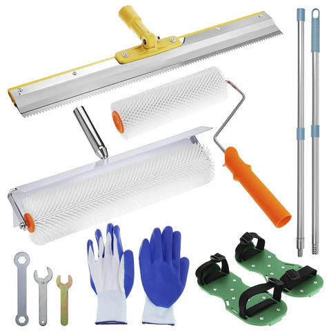 Self Leveling Tools Kit With 20 Inch And 9 Inch Spiked Rollers 22 Inch Rake Spike Shoes Gloves Stainless Steel for Concrete