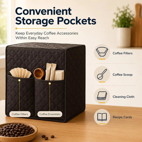 Level Up Your Kitchen Game With This Quilted Coffee Maker Cover Made For Bunn Grb Velocity Brew Machines Featuring A Quick Slip On Design Practical Storage Pockets Fade Resistant Material And Trendy Grey Shade For Counter Display with convenient storage pockets for coffee essentials.
