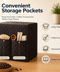 Storage pockets for coffee accessories on a quilted slip cover for organizing coffee essentials near a coffee maker.