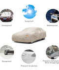 Tough As Nails Heavy Duty Outdoor Car Cover For Ford Mustang 1994 Through 2026 Weatherproof All Weather Waterproof UV Sun Rain Snow Dust Protection Custom Fit Exterior Car Cover on car with protection icons