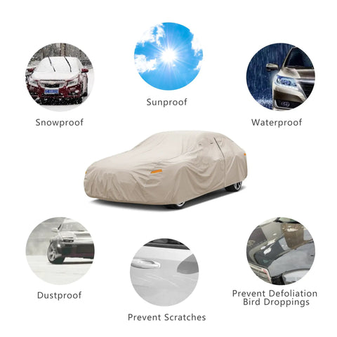 Tough As Nails Heavy Duty Outdoor Car Cover For Ford Mustang 1994 Through 2026 Weatherproof All Weather Waterproof UV Sun Rain Snow Dust Protection Custom Fit Exterior Car Cover on car with protection icons
