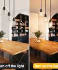 Industrial Three Light Pendant Light With Adjustable Height Up To 34 Inches, Black Finish And Clear Glass Shade, turned on and off.
