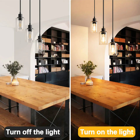 Industrial Three Light Pendant Light With Adjustable Height Up To 34 Inches, Black Finish And Clear Glass Shade, turned on and off.