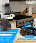 Upgraded Black Stainless Stove Knob Set For Gas Range And Oven With Beefed Up Dial Knobs Replacement Top Burner Controls For Samsung NX58M6850SG NX58J7750SG NX58J5600SG 5 Pack, displayed in a kitchen setting with stove.