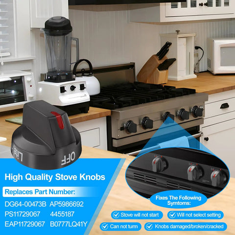 Upgraded Black Stainless Stove Knob Set For Gas Range And Oven With Beefed Up Dial Knobs Replacement Top Burner Controls For Samsung NX58M6850SG NX58J7750SG NX58J5600SG 5 Pack, displayed in a kitchen setting with stove.