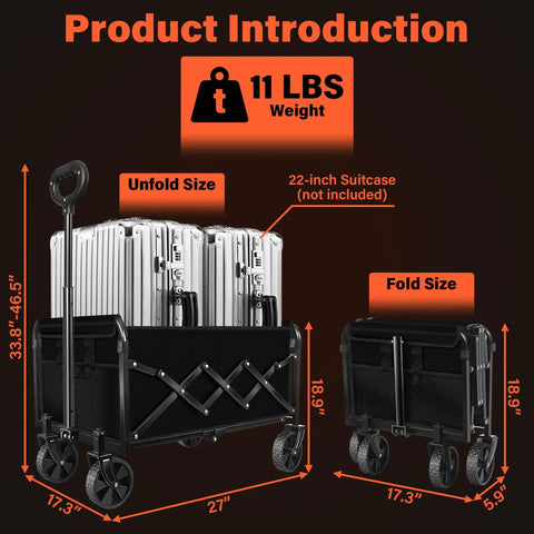 Heavy Duty Folding Wagon Cart With Wheels For All Terrain Use Portable Collapsible Grocery Shopping Utility Wagon With 360 Lbs Capacity Great For Camping Outdoor Sports Groceries And Yard Work unfolded with suitcases, side view