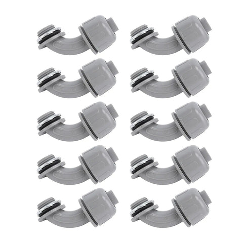 Pack Of 10 Heavy Duty 1 Inch Npt Liquid Tight Connectors 90 Degree Electrical Conduit Fittings in gray nylon for HVAC and marine use.