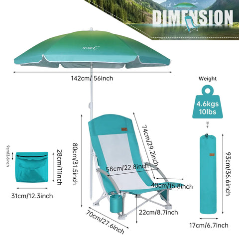 Dimensions of High Back Beach Chair With Umbrella And Cooler Cup Holder And Carry Bag, showing measurements and size