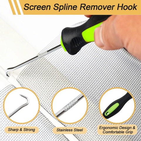 Ultimate DIY Window Screen Repair Kit 14Pcs Set With Spline Tools showing closeup of spline remover hook in use on screen