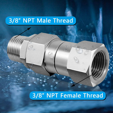 Pressure Washer Swivel Fitting Three-Eighth NPT Stainless Steel 360 Degree Kink-Free Connector High-Pressure 5000 PSI Joint For Hoses Quick And Easy Attachment Durable Steel Build For Heavy-Duty Cleaning, 3/8 NPT male and female threads