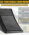 Front view of heavy duty rubber wheel chock showing ribbed design and durability for vehicles like RVs and trailers.