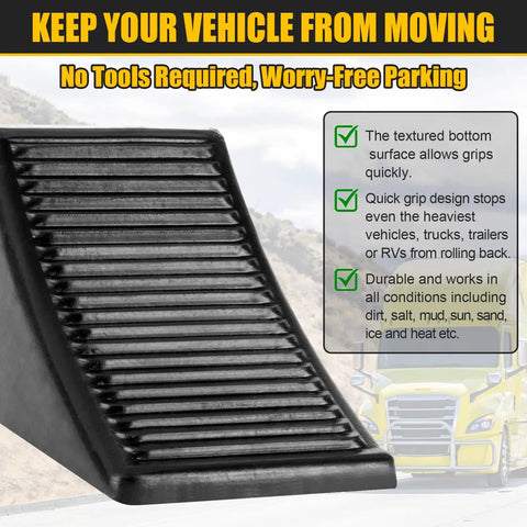 Front view of heavy duty rubber wheel chock showing ribbed design and durability for vehicles like RVs and trailers.