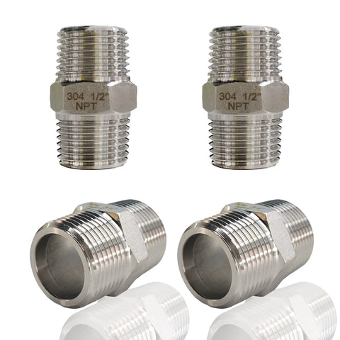 Four Pack 1/2 Inch Stainless Steel Nipple Fittings, 304 Stainless Steel 1/2 Inch NPT Male Threaded Pipe Adapters, Equal Nipples