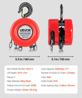Front and side views of VEVOR hand chain hoist, 2 ton capacity, red housing with galvanized chain.