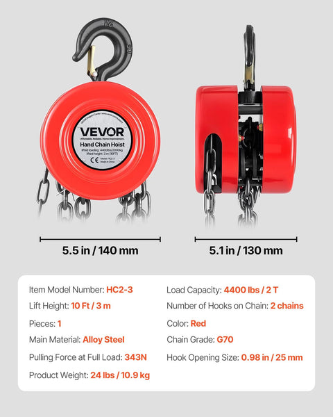 Front and side views of VEVOR hand chain hoist, 2 ton capacity, red housing with galvanized chain.