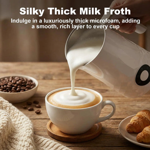 4 In 1 Milk Frother And Warmer pouring creamy microfoam into cup on wooden table, creating barista-quality latte at home
