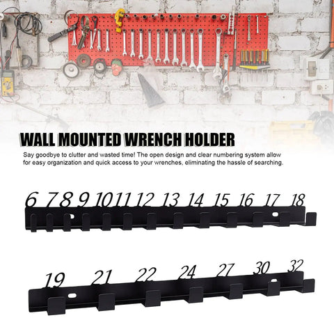 20 Slot Wall Mount Wrench Rack Organizer With Numbered Slots For 6mm To 32mm Wrenches displayed on workshop wall