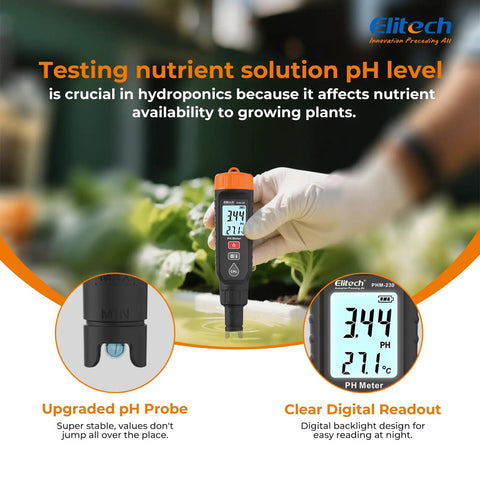 Pro pH Pen Meter With Temperature Sensor, ATC, And Full Calibration Kit being used in hydroponics with clear digital readout display.