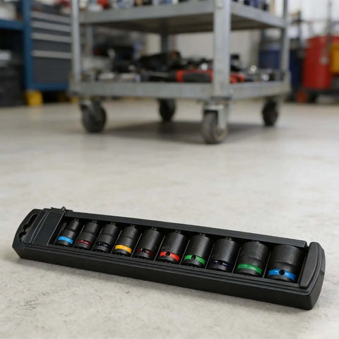 Must Have 10 Pc Chrome Vanadium Impact Socket Set for Heavy Duty Jobs with Swivel Heads Plus 96 Inch Extension Bar And Full Size Drive Ranging From 10mm To 24mm For Every Garage Task, color-coded sockets in tray