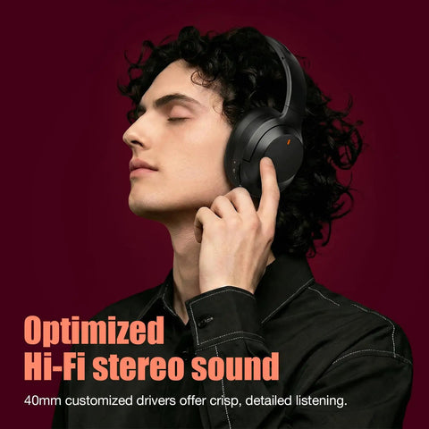 Person enjoying Hybrid Active Noise Cancelling Headphones With Immersive HD Sound And Big Bass, 2X Softer Comfort, Long ANC Playtime