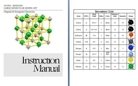 Hands On Large Molecular Model Kit For Organic And Inorganic Chemistry With Flexible Bonds instruction manual and inventory list