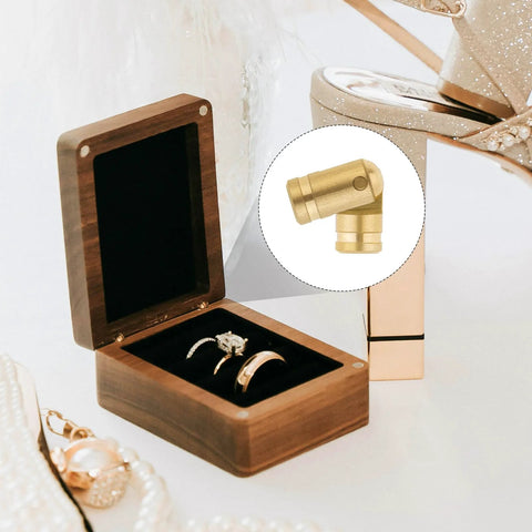 Hidden Brass Barrel Hinges 5 mm For DIY Jewelry Cabinets And Wooden Boxes, 135 Degree Concealed Small Hinges For Tiny Projects, Invisible Hinges Pack Of 20 Durable Rust Resistant Hardware By HOJLKLD displayed next to wooden jewelry box with rings.