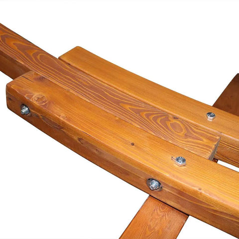 Close-up of curved wood hammock stand for outdoor use fits most 9 to 12 foot hammocks 13 foot overall length 400 pound capacity