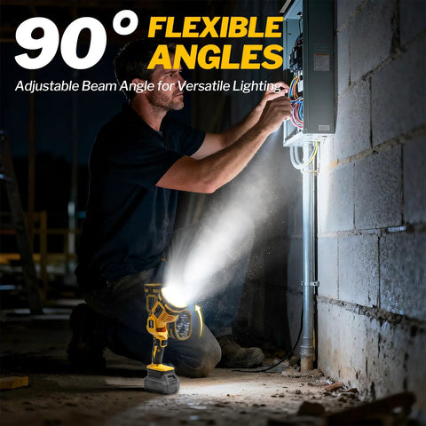 Beast Bright Cordless LED Work Light 1500 Lumens used by electrician for wiring with 90° pivoting head in dark workshop