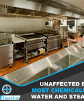 Commercial kitchen with stainless steel appliances on high temperature four inch by one and a half inch green epoxy caster wheels.