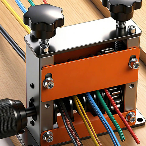 Garosa 6 Channel Wire Stripper Machine For 3 To 17Mm Wires featuring sharp alloy steel blades, knobs, and color-coded wires.