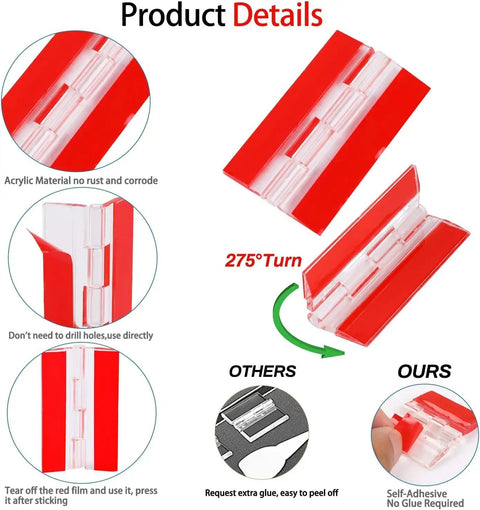 Premium Self Adhesive Acrylic Hinges For Cabinets Drawers Transparent Continuous Folding Hardware Craft Display Tool showing 275° turn detail.