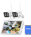 Wireless Security Camera System With 10 Inch LCD Monitor, 2 Outdoor 3MP Bullet Cameras, Metal Shell, 10CH NVR, 500GB HDD