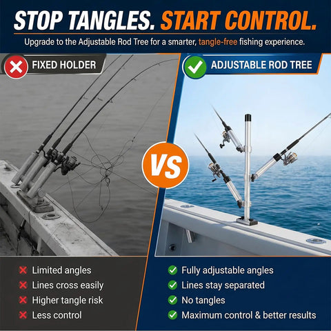 Three Rod Adjustable Trolling Rod Holder Tree For Boats With 360 Degree Rotation And 180 Degree Tilt, Marine Grade Aluminum, Height Adjustable Gunnel Track Mount Fishing Rod Holder System on boat rail