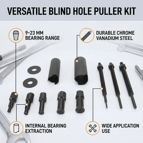 Thinking Process: blind hole puller kit, 9-23 mm bearing range, chrome vanadium steel, internal bearing extraction tools