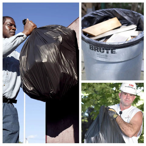 Heavy Duty 56 Gallon Black Trash Bags 100 Count being used for waste disposal and bin lining in various settings.