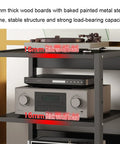 Top Shelf Corner TV Stand Heavy Duty Six Tier Wooden Entertainment Center with 16mm thick wood boards and metal frame.
