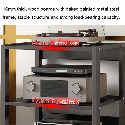 Top Shelf Corner TV Stand Heavy Duty Six Tier Wooden Entertainment Center with 16mm thick wood boards and metal frame.