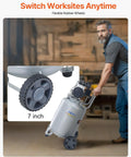 Man moving 13 Gallon Air Compressor With 2 HP Motor And Oil Free Tank, showing flexible 7-inch rubber wheels.